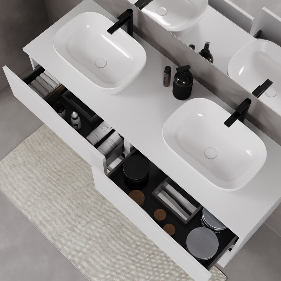 Meuble de salle de bain 140cm avec plateau et deux vasques à poser zeus - 4 tiroirs - LUNA