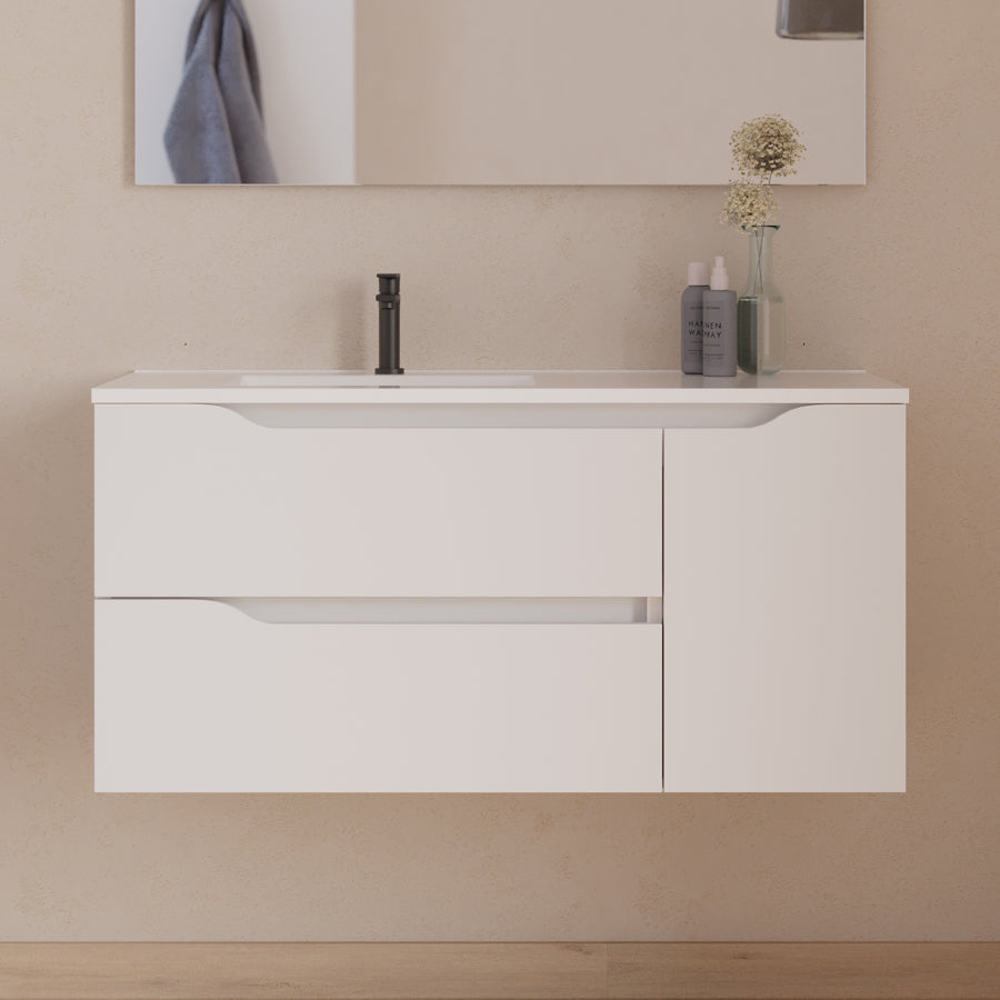 Meuble de salle de bain 100cm avec vasque déportée à gauche - sans miroir - 2 tiroirs et un placard - ZARZA