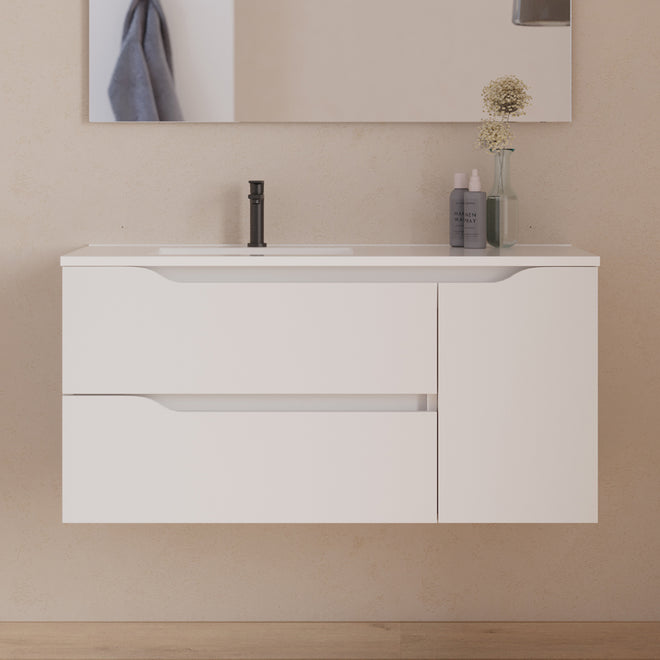 Meuble de salle de bain Zara 100 cm plan vasque deporte blanc sans miroir