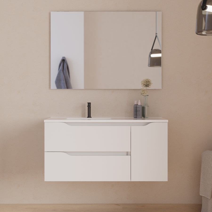 Meuble de salle de bain 100cm avec vasque déportée à gauche - sans miroir - 2 tiroirs et un placard - ZARZA