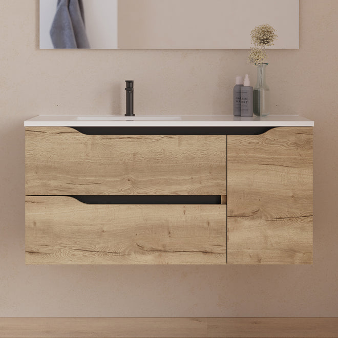 Meuble de salle de bain 100cm avec vasque déportée à gauche - sans miroir - 2 tiroirs et un placard - ZARZA