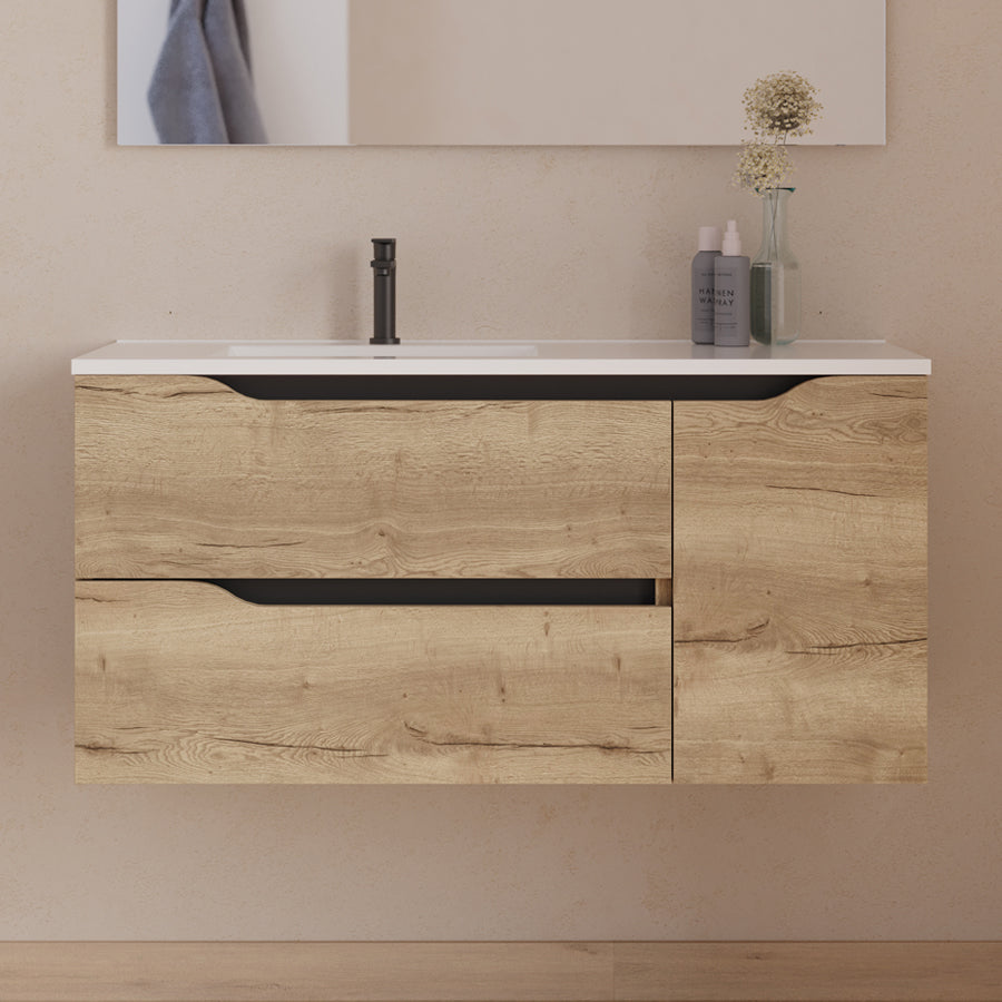 Meuble de salle de bain Zara 100 cm plan vasque deporte miel sans miroir
