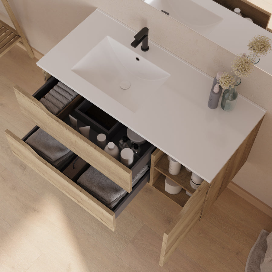 Meuble de salle de bain 100cm avec vasque déportée à gauche - sans miroir - 2 tiroirs et un placard - ZARZA
