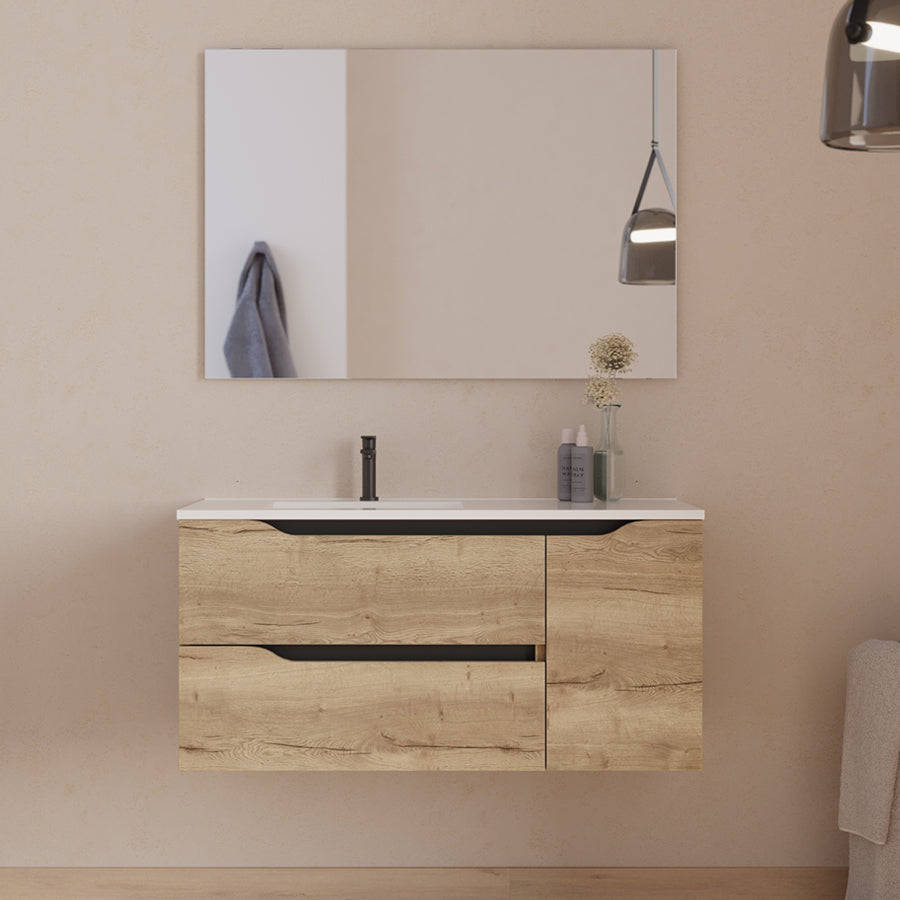Meuble de salle de bain 100cm avec vasque déportée à gauche - sans miroir - 2 tiroirs et un placard - ZARZA
