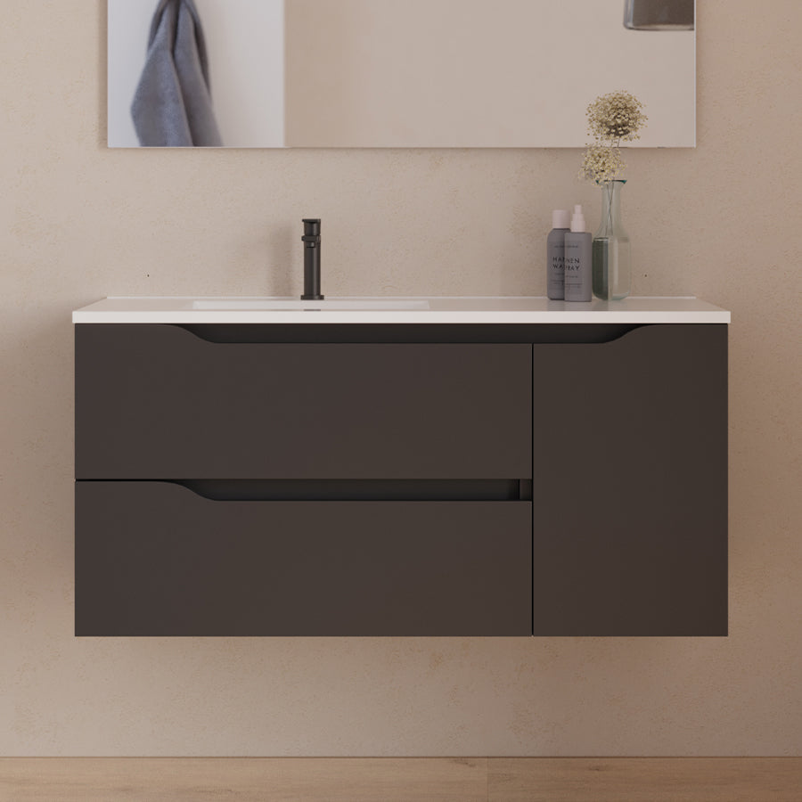 Meuble de salle de bain 100cm avec vasque déportée à gauche - sans miroir - 2 tiroirs et un placard - ZARZA