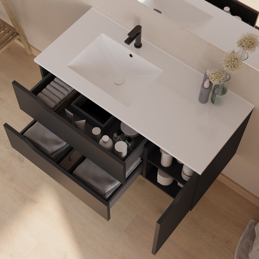 Meuble de salle de bain 100cm avec vasque déportée à gauche - sans miroir - 2 tiroirs et un placard - ZARZA