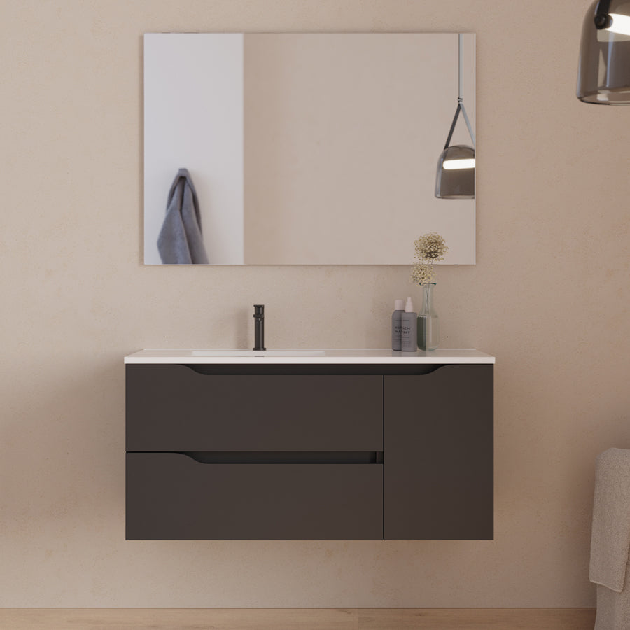 Meuble de salle de bain 100cm avec vasque déportée à gauche - sans miroir - 2 tiroirs et un placard - ZARZA
