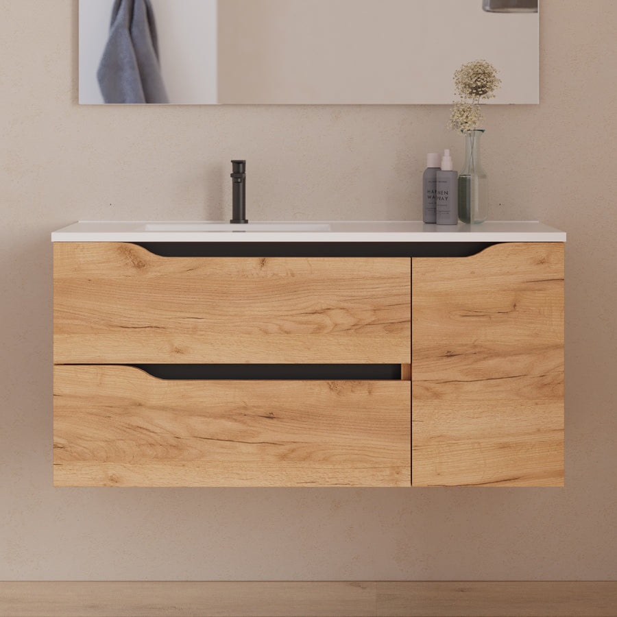Meuble de salle de bain 100cm avec vasque déportée à gauche - sans miroir - 2 tiroirs et un placard - ZARZA