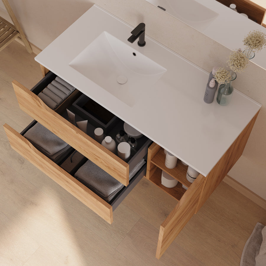 Meuble de salle de bain 100cm avec vasque déportée à gauche - sans miroir - 2 tiroirs et un placard - ZARZA