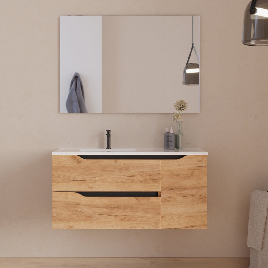 Meuble de salle de bain 100cm avec vasque déportée à gauche - sans miroir - 2 tiroirs et un placard - ZARZA