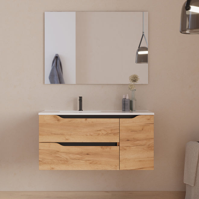 Meuble de salle de bain 100cm avec vasque déportée à gauche et miroir - 2 tiroirs et un placard - ZARZA