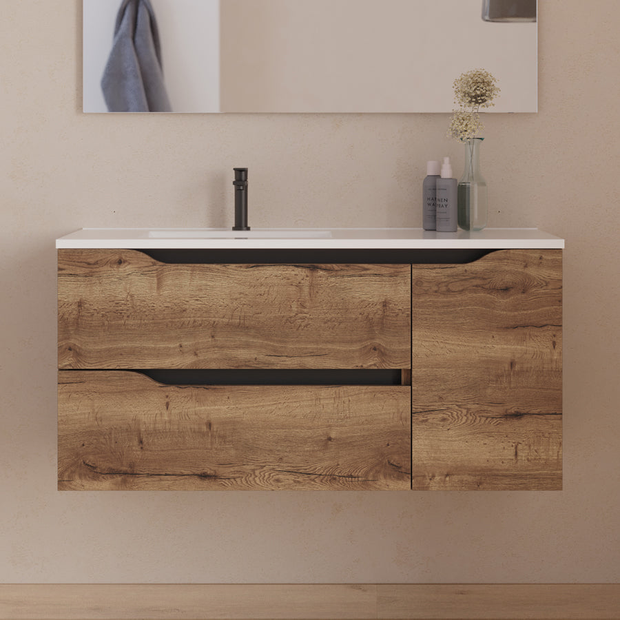 Meuble de salle de bain 100cm avec vasque déportée à gauche - sans miroir - 2 tiroirs et un placard - ZARZA