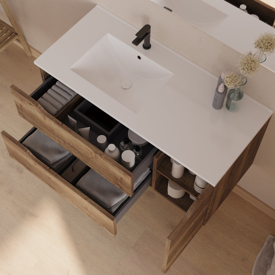 Meuble de salle de bain 100cm avec vasque déportée à gauche - sans miroir - 2 tiroirs et un placard - ZARZA