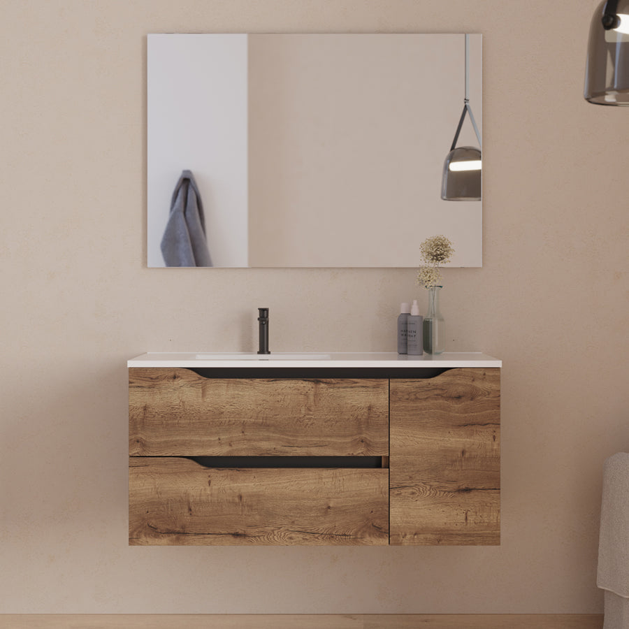 Meuble de salle de bain 100cm avec vasque déportée à gauche - sans miroir - 2 tiroirs et un placard - ZARZA