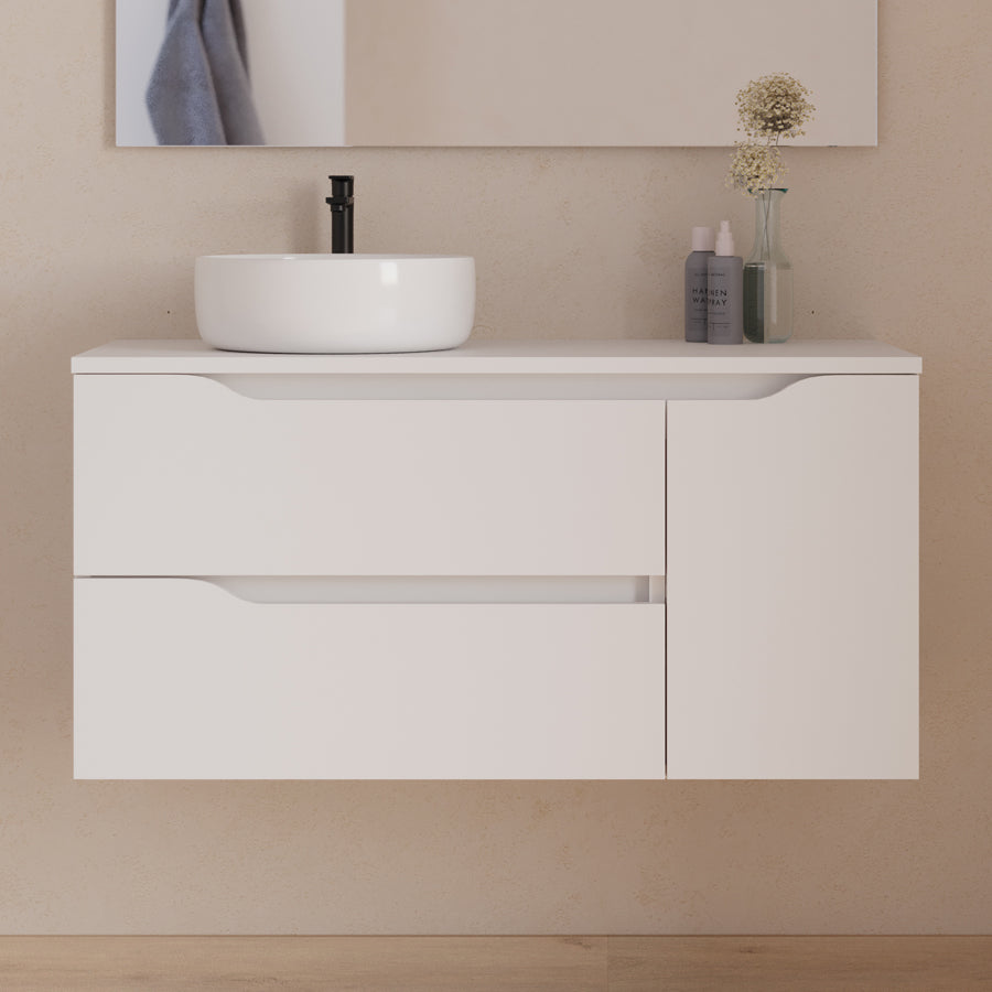 Meuble de salle de bain 100cm avec plateau, vasque à poser déportée à gauche Ares et miroir - 2 tiroirs et un placard - ZARZA