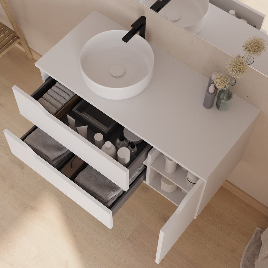Meuble de salle de bain 100cm avec plateau, vasque à poser déportée à gauche Ares et miroir - 2 tiroirs et un placard - ZARZA