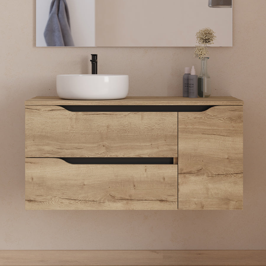 Meuble de salle de bain 100cm avec plateau, vasque à poser déportée à gauche Ares et miroir - 2 tiroirs et un placard - ZARZA