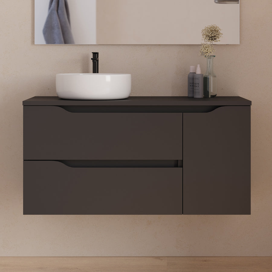 Meuble de salle de bain 100cm avec plateau, vasque à poser déportée à gauche Ares et miroir - 2 tiroirs et un placard - ZARZA