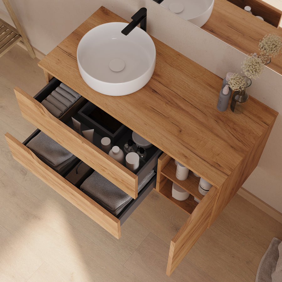 Meuble de salle de bain 100cm avec plateau, vasque à poser déportée à gauche Ares et miroir - 2 tiroirs et un placard - ZARZA