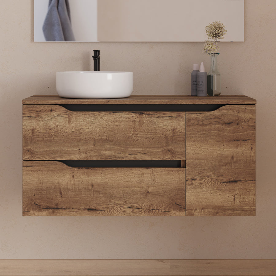 Meuble de salle de bain 100cm avec plateau, vasque à poser déportée à gauche Ares et miroir - 2 tiroirs et un placard - ZARZA