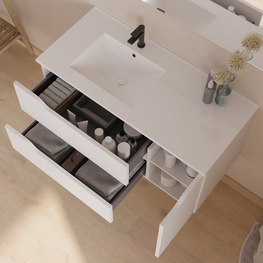 Meuble de salle de bain 100cm avec vasque déportée à gauche - sans miroir - 2 tiroirs et un placard - ZARZA