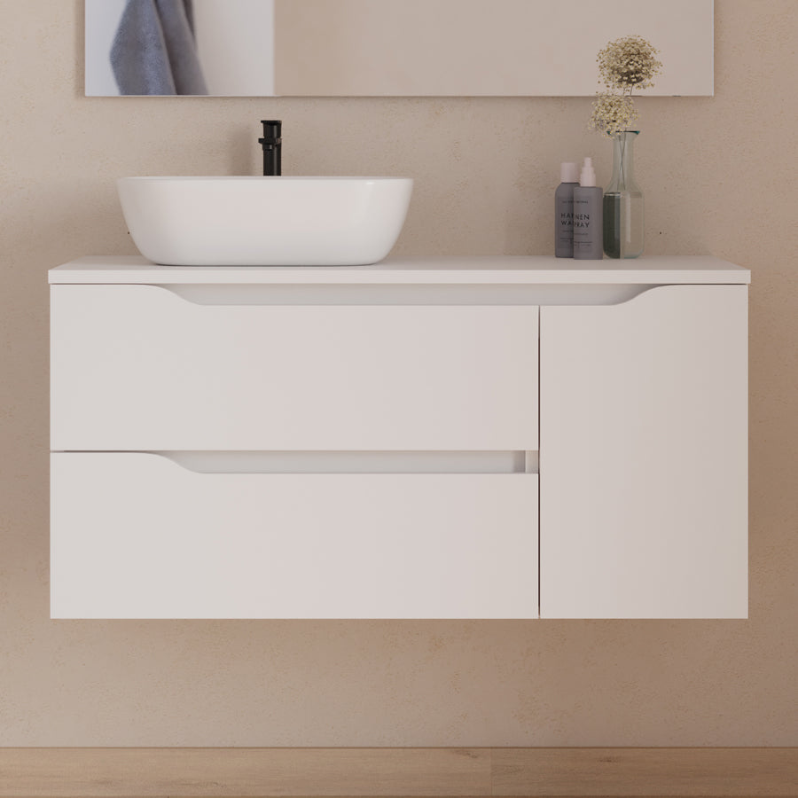 Meuble de salle de bain 100cm avec plateau, vasque à poser déportée à gauche Zeus et miroir - 2 tiroirs et un placard - ZARZA