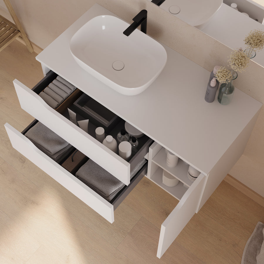 Meuble de salle de bain 100cm avec plateau et vasque à poser déportée à gauche Zeus - sans miroir - 2 tiroirs et un placard - ZARZA