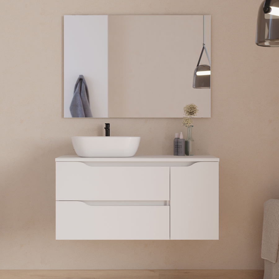 Meuble de salle de bain 100cm avec plateau, vasque à poser déportée à gauche Zeus et miroir - 2 tiroirs et un placard - ZARZA