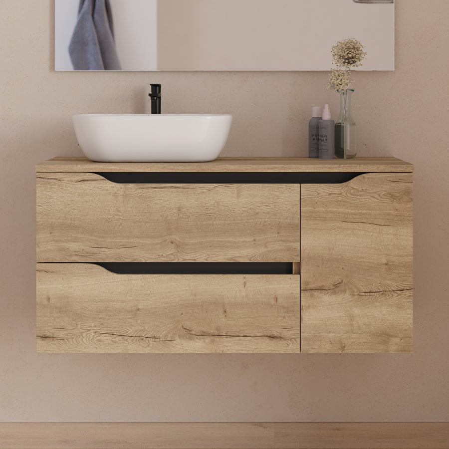Meuble de salle de bain 100cm avec plateau, vasque à poser déportée à gauche Zeus et miroir - 2 tiroirs et un placard - ZARZA
