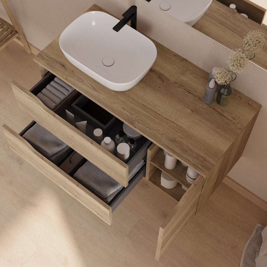 Meuble de salle de bain 100cm avec plateau et vasque à poser déportée à gauche Zeus - sans miroir - 2 tiroirs et un placard - ZARZA