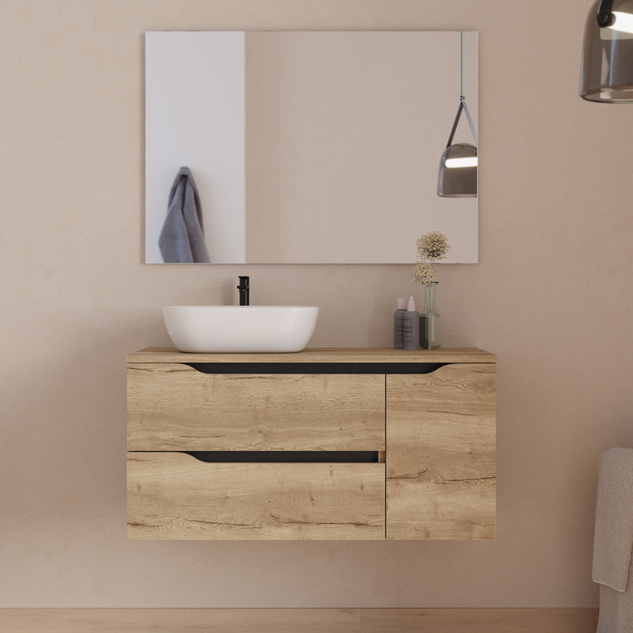 Meuble de salle de bain 100cm avec plateau, vasque à poser déportée à gauche Zeus et miroir - 2 tiroirs et un placard - ZARZA