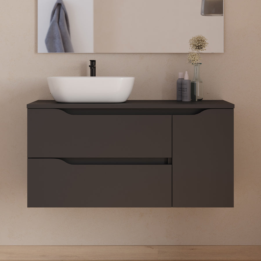 Meuble de salle de bain 100cm avec plateau, vasque à poser déportée à gauche Zeus et miroir - 2 tiroirs et un placard - ZARZA