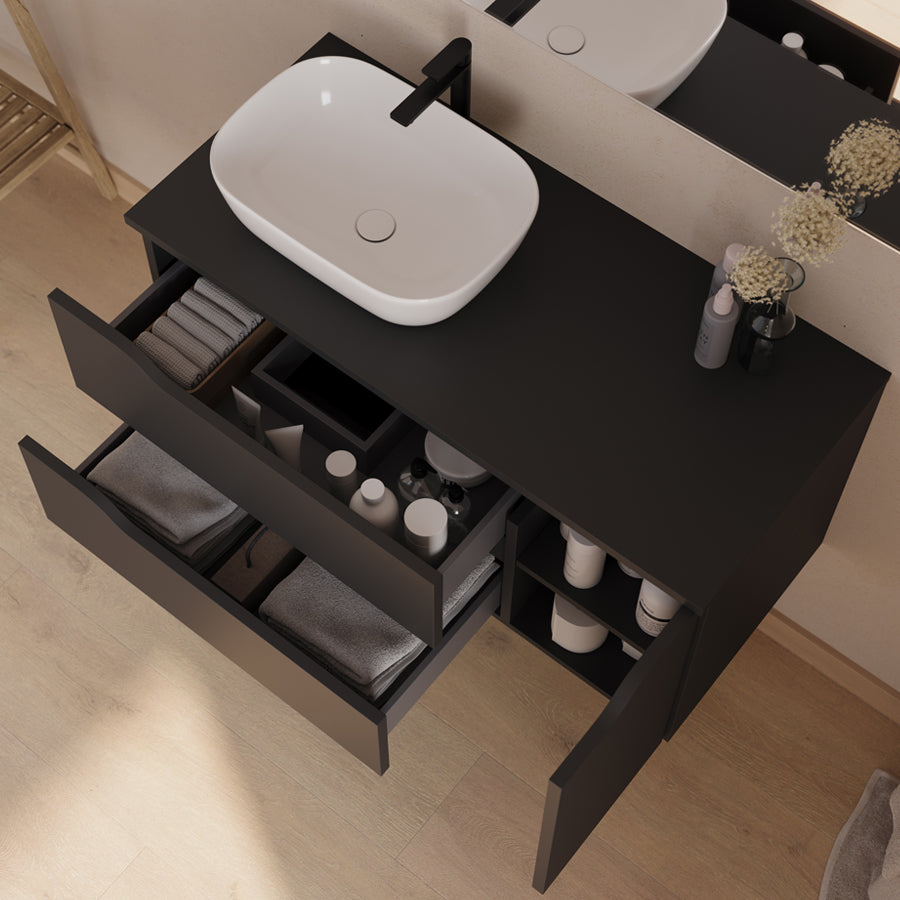 Meuble de salle de bain 100cm avec plateau, vasque à poser déportée à gauche Zeus et miroir - 2 tiroirs et un placard - ZARZA