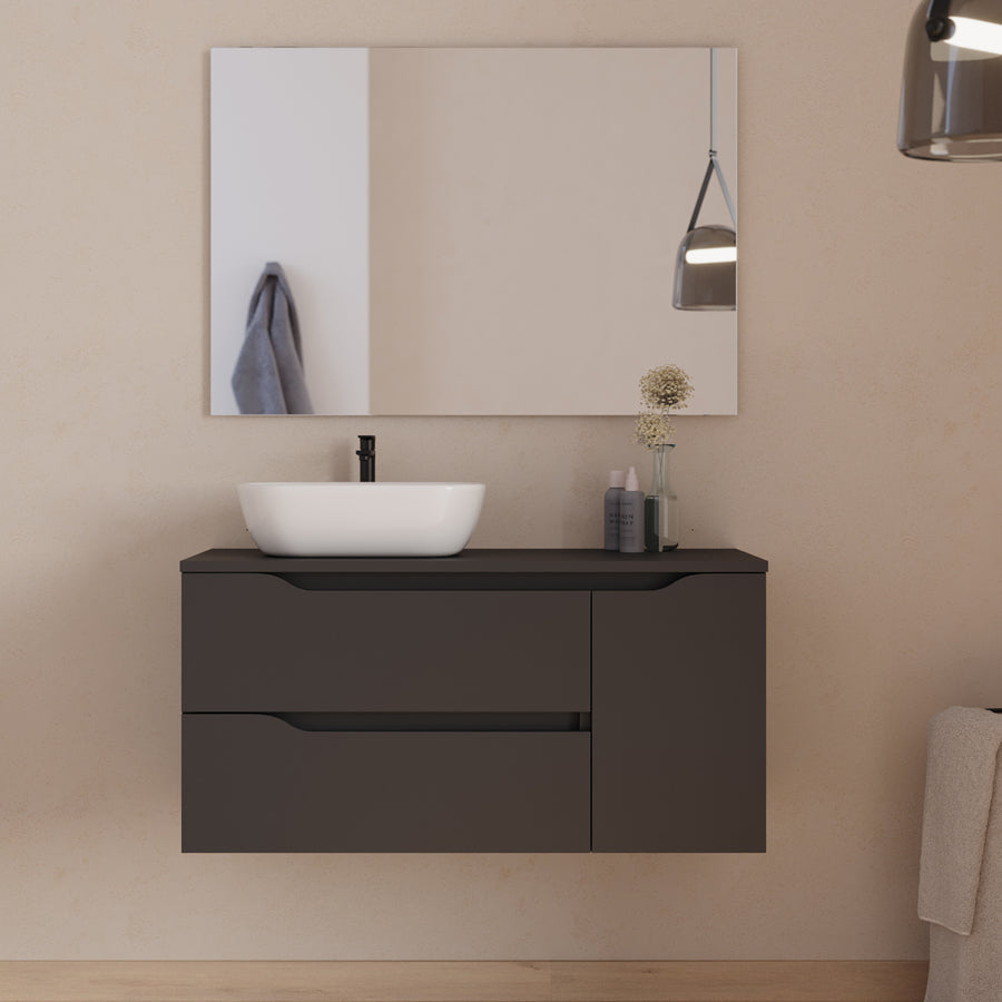 Meuble de salle de bain 100cm avec plateau et vasque à poser déportée à gauche Zeus - sans miroir - 2 tiroirs et un placard - ZARZA