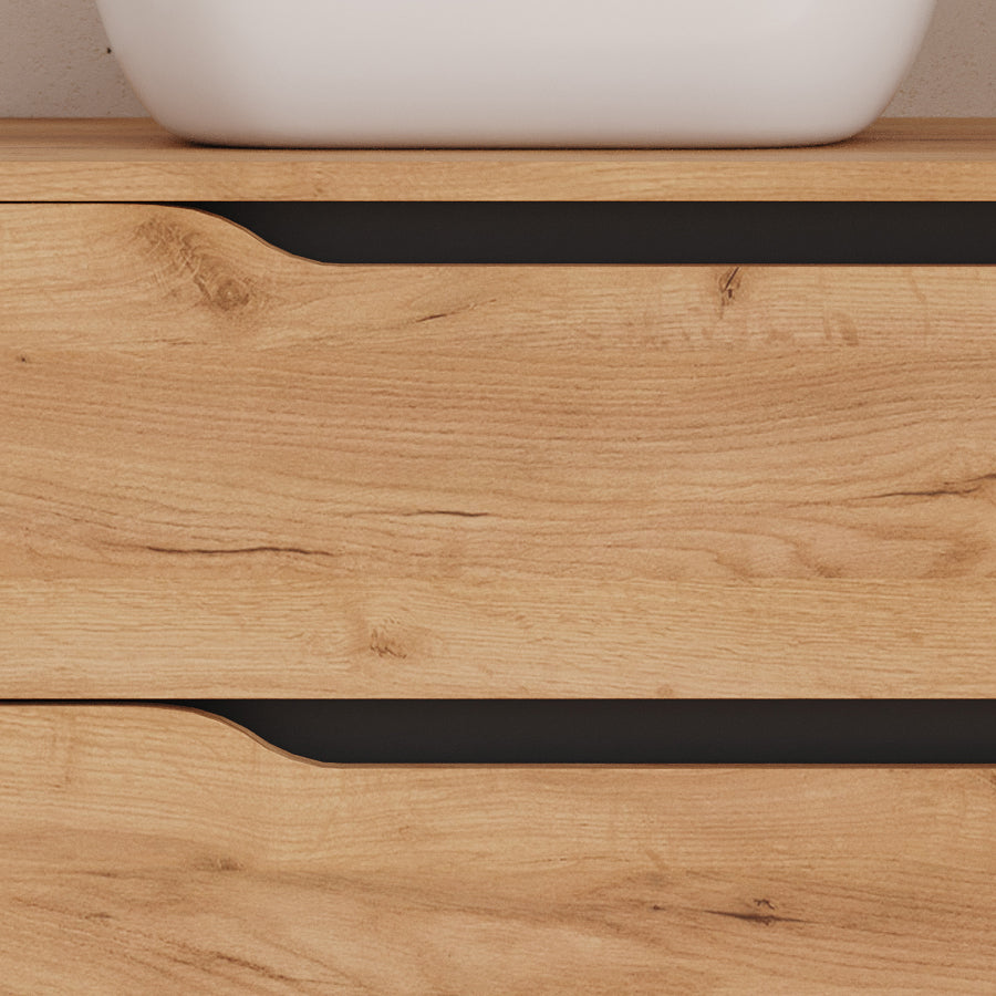 Meuble de salle de bain 100cm avec plateau, vasque à poser déportée à gauche Zeus et miroir - 2 tiroirs et un placard - ZARZA