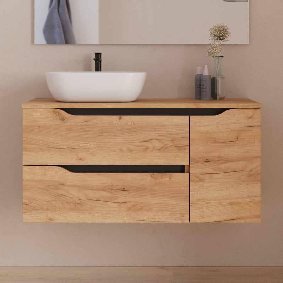 Meuble de salle de bain 100cm avec plateau et vasque à poser déportée à gauche Zeus - sans miroir - 2 tiroirs et un placard - ZARZA