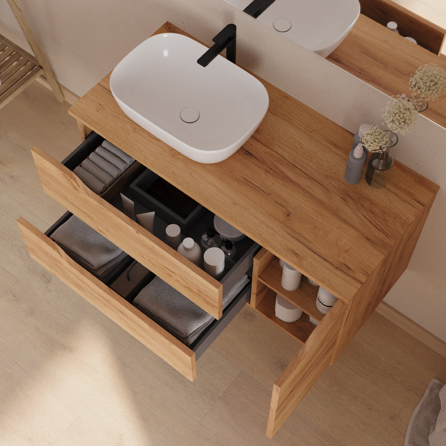 Meuble de salle de bain 100cm avec plateau et vasque à poser déportée à gauche Zeus - sans miroir - 2 tiroirs et un placard - ZARZA