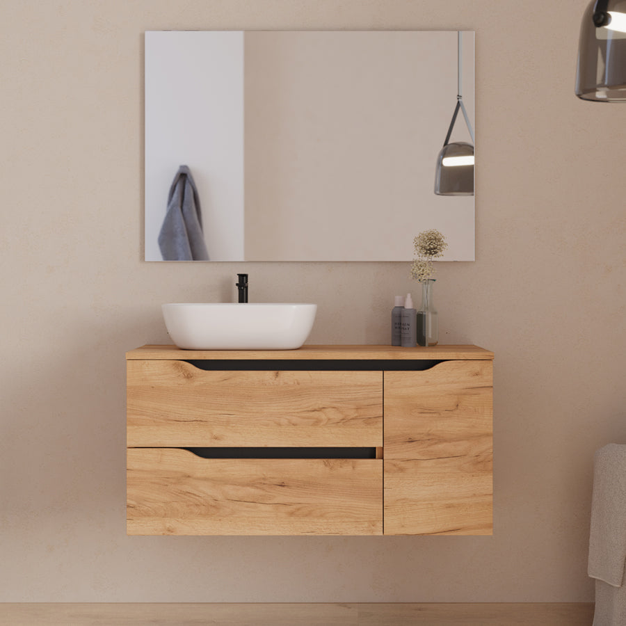 Meuble de salle de bain 100cm avec plateau et vasque à poser déportée à gauche Zeus - sans miroir - 2 tiroirs et un placard - ZARZA