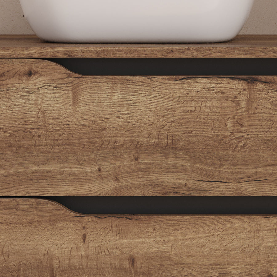 Meuble de salle de bain 100cm avec plateau et vasque à poser déportée à gauche Zeus - sans miroir - 2 tiroirs et un placard - ZARZA