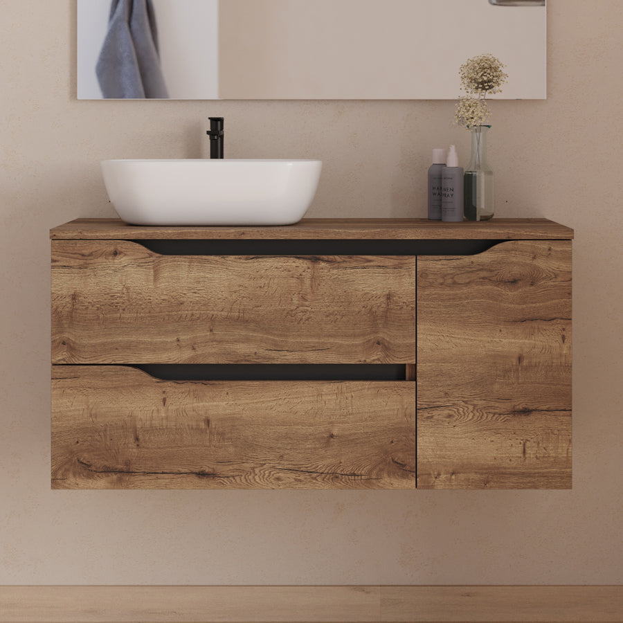 Meuble de salle de bain 100cm avec plateau et vasque à poser déportée à gauche Zeus - sans miroir - 2 tiroirs et un placard - ZARZA