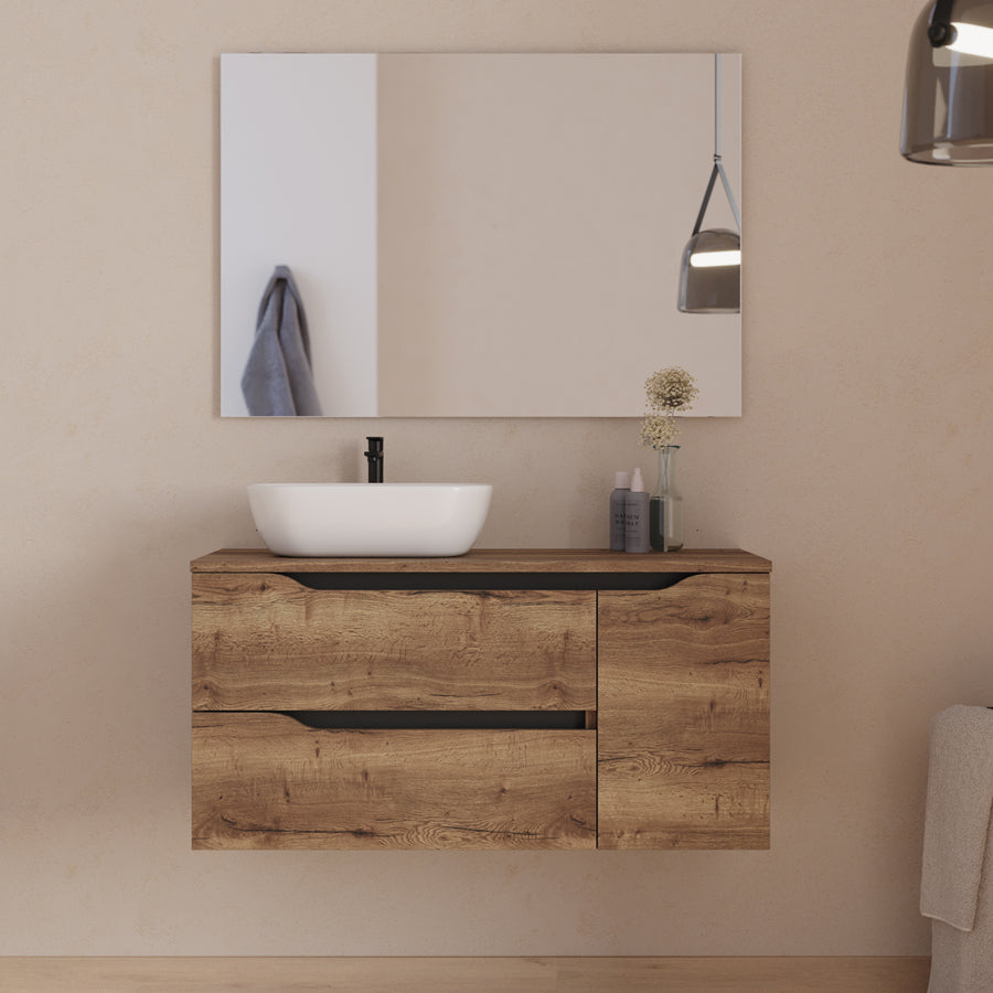 Meuble de salle de bain 100cm avec plateau, vasque à poser déportée à gauche Zeus et miroir - 2 tiroirs et un placard - ZARZA