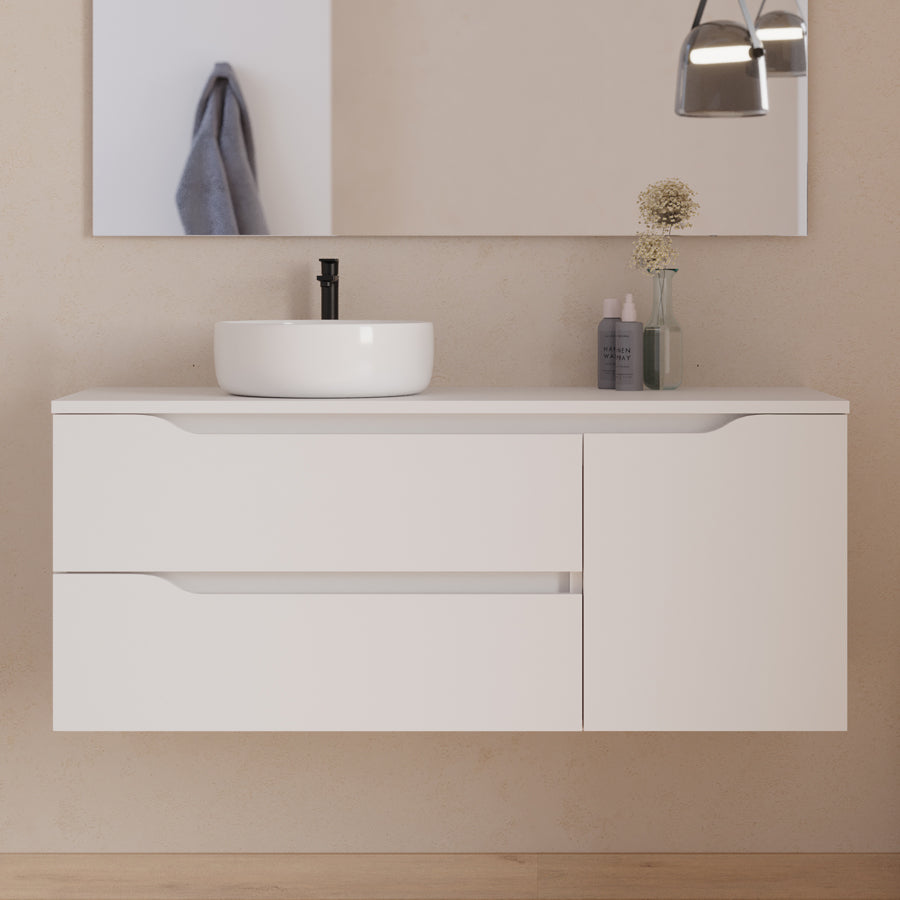Meuble de salle de bain 120cm avec plateau, vasque à poser déportée à gauche Ares et miroir - 2 tiroirs et un placard - ZARZA