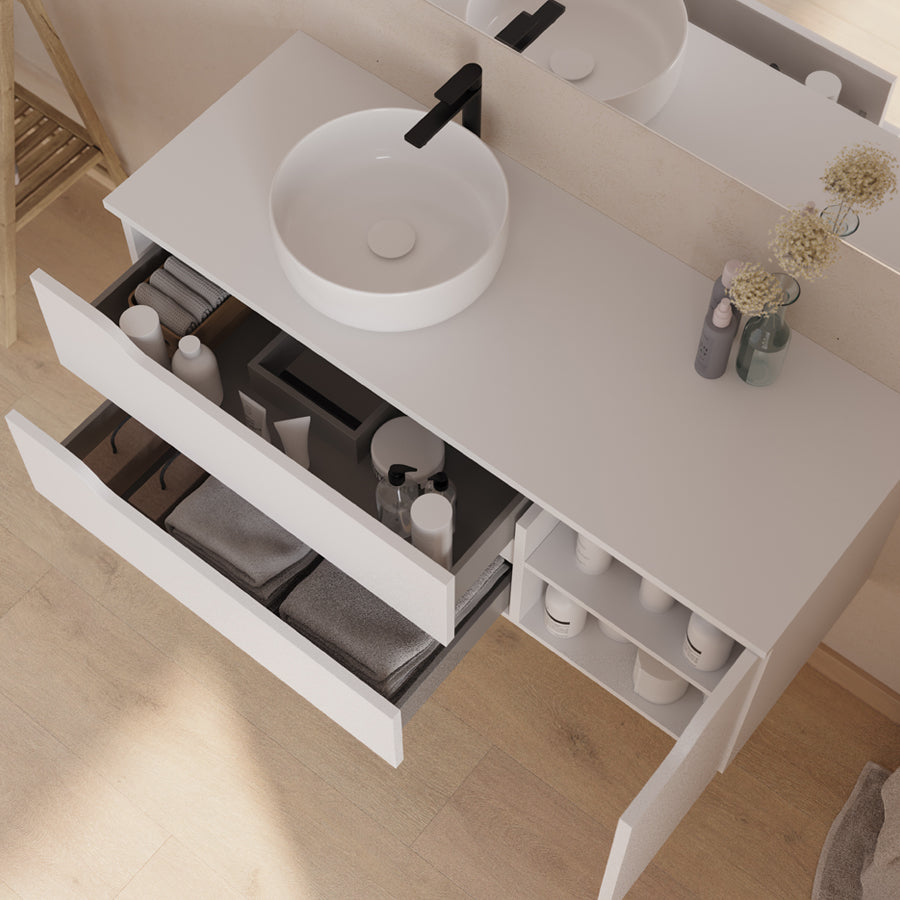 Meuble de salle de bain 120cm avec plateau, vasque à poser déportée à gauche Ares et miroir - 2 tiroirs et un placard - ZARZA