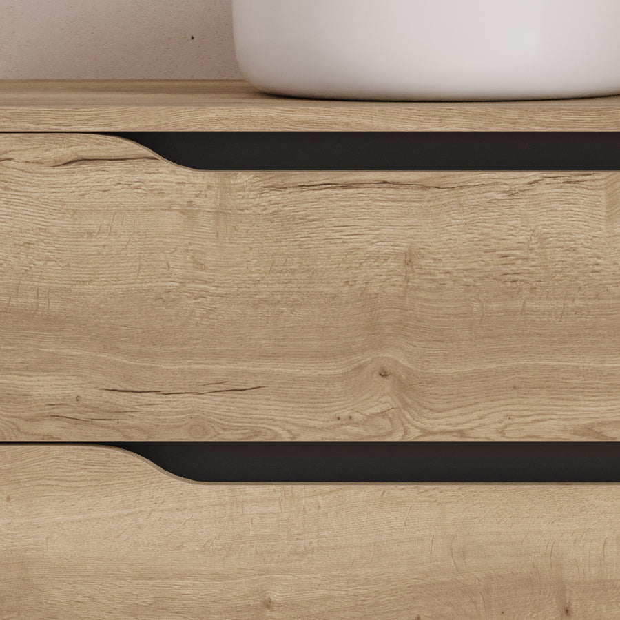 Meuble de salle de bain 120cm avec plateau, vasque à poser déportée à gauche Ares et miroir - 2 tiroirs et un placard - ZARZA