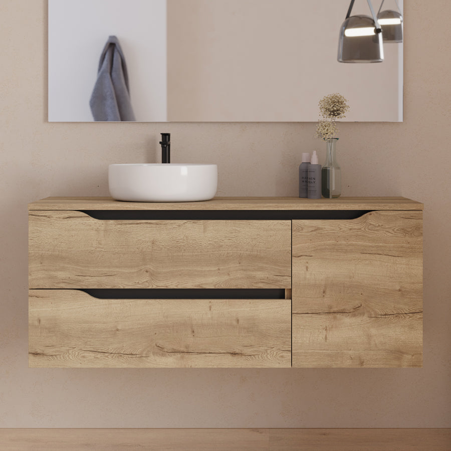 Meuble de salle de bain 120cm avec plateau, vasque à poser déportée à gauche Ares et miroir - 2 tiroirs et un placard - ZARZA