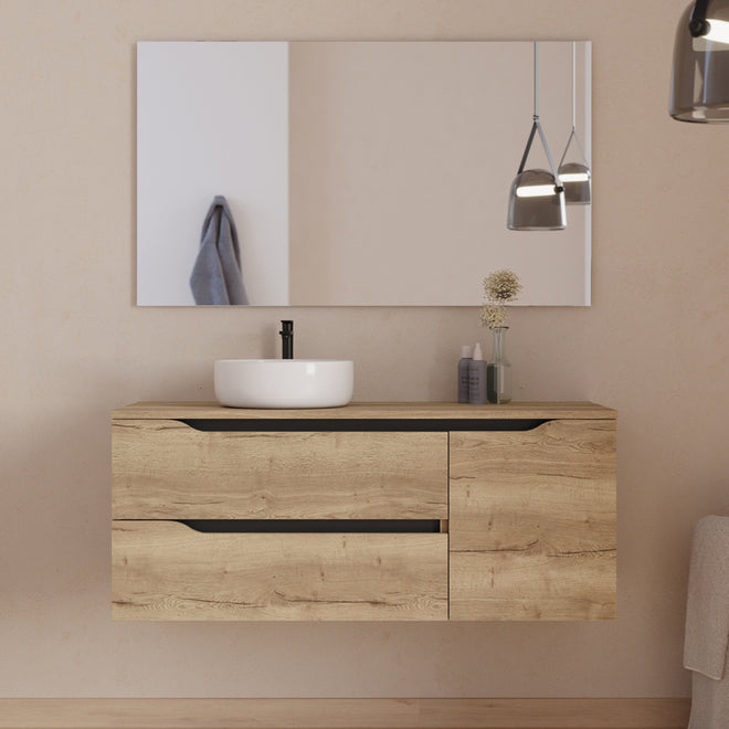 Meuble de salle de bain 120cm avec plateau, vasque à poser déportée à gauche Ares et miroir - 2 tiroirs et un placard - ZARZA