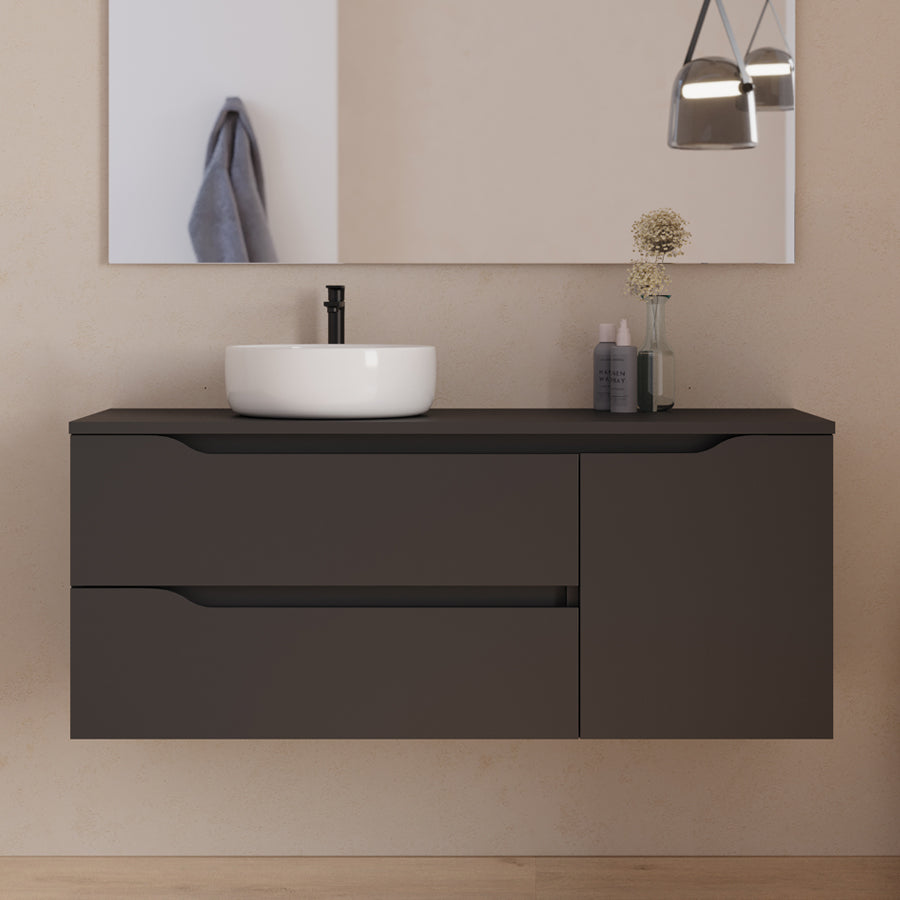 Meuble de salle de bain 120cm avec plateau, vasque à poser déportée à gauche Ares et miroir - 2 tiroirs et un placard - ZARZA