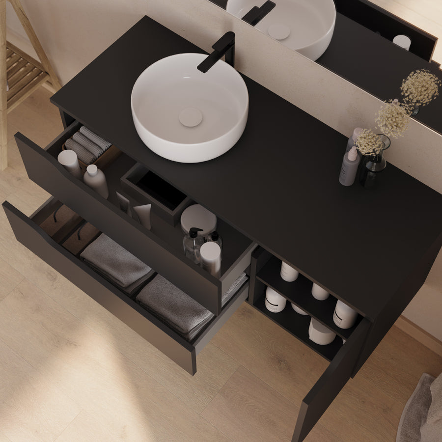 Meuble de salle de bain 120cm avec plateau, vasque à poser déportée à gauche Ares et miroir - 2 tiroirs et un placard - ZARZA