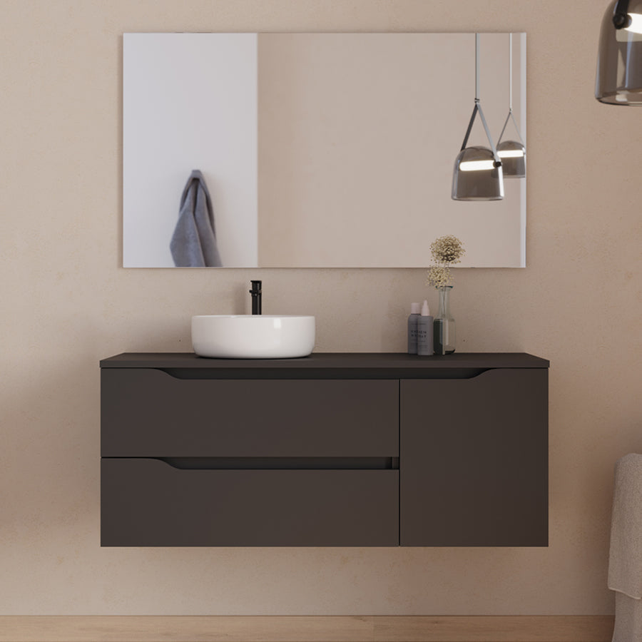 Meuble de salle de bain 120cm avec plateau, vasque à poser déportée à gauche Ares et miroir - 2 tiroirs et un placard - ZARZA