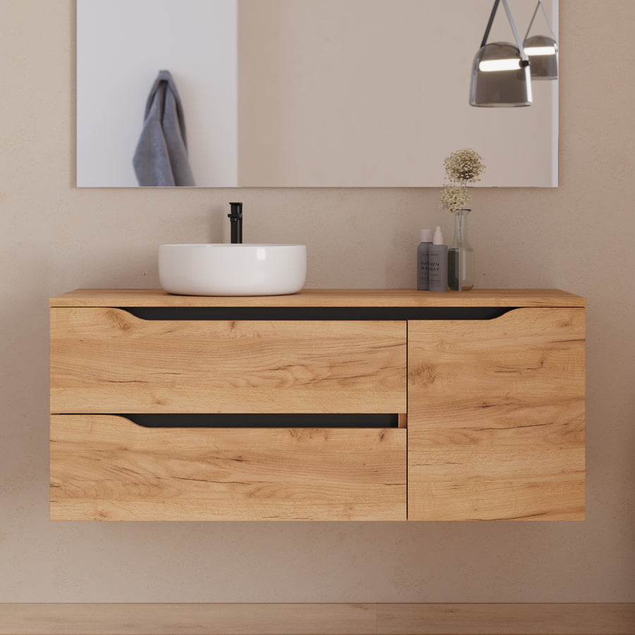 Meuble de salle de bain 120cm avec plateau, vasque à poser déportée à gauche Ares et miroir - 2 tiroirs et un placard - ZARZA